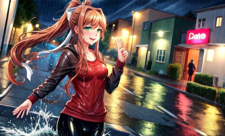 SoakingWetClothes, Masterpiece, highest quality, monika, green eyes, brown hair, very long hair, ponytail, hair ribbon, casual clothes, leggings, soaking wet clothes, wet hair, wet body, wetlook, soaked, pouring rain, outside, running down the sidewalk, dripping wet, soaked clothes, wet clothes, wet fabric, soaking wet, small breasts, looking at camera, tongue out, mouth open, V sign