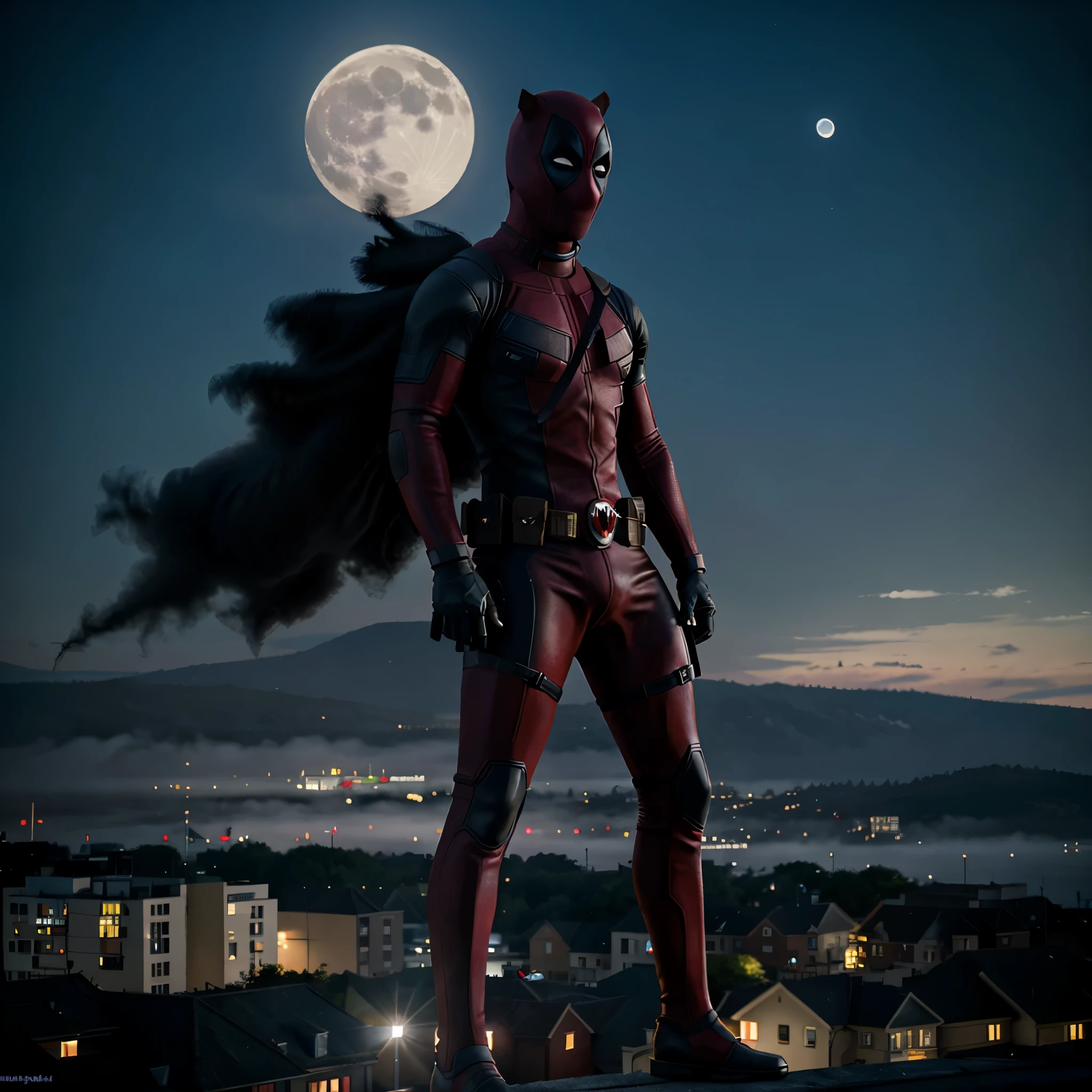 deadpool from marvel, super realistic, standing, in the background of the city, with a beautiful moon, the city is covered in mysterious fog, professional photo, HD, 64K, Canon camera, nostalgic INFO
