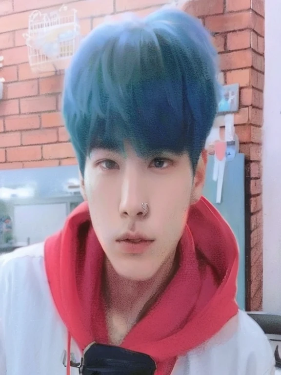 Imagen arafed de un hombre con cabello azul y una sudadera con capucha roja., yoongi de pelo negro, park Jimin, Jimin\his right eyelid is swollen, hong junio hyung, jungkook, hyung tae, Jung Jaehyun, con pelo azul, cai xukun, kim doyoung, TaeJune Kim, pintar ulzzang, Jimin\los labios carnosos, Jimin