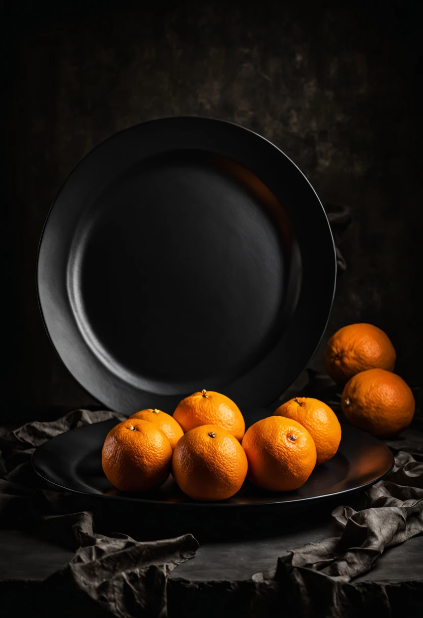 a black plate and some oranges in it, in the style of darktable processing, asymmetric compositions, softbox lighting, crumpled, lively tableaus, contrasting values, staged photography , neo photopictorialism style.