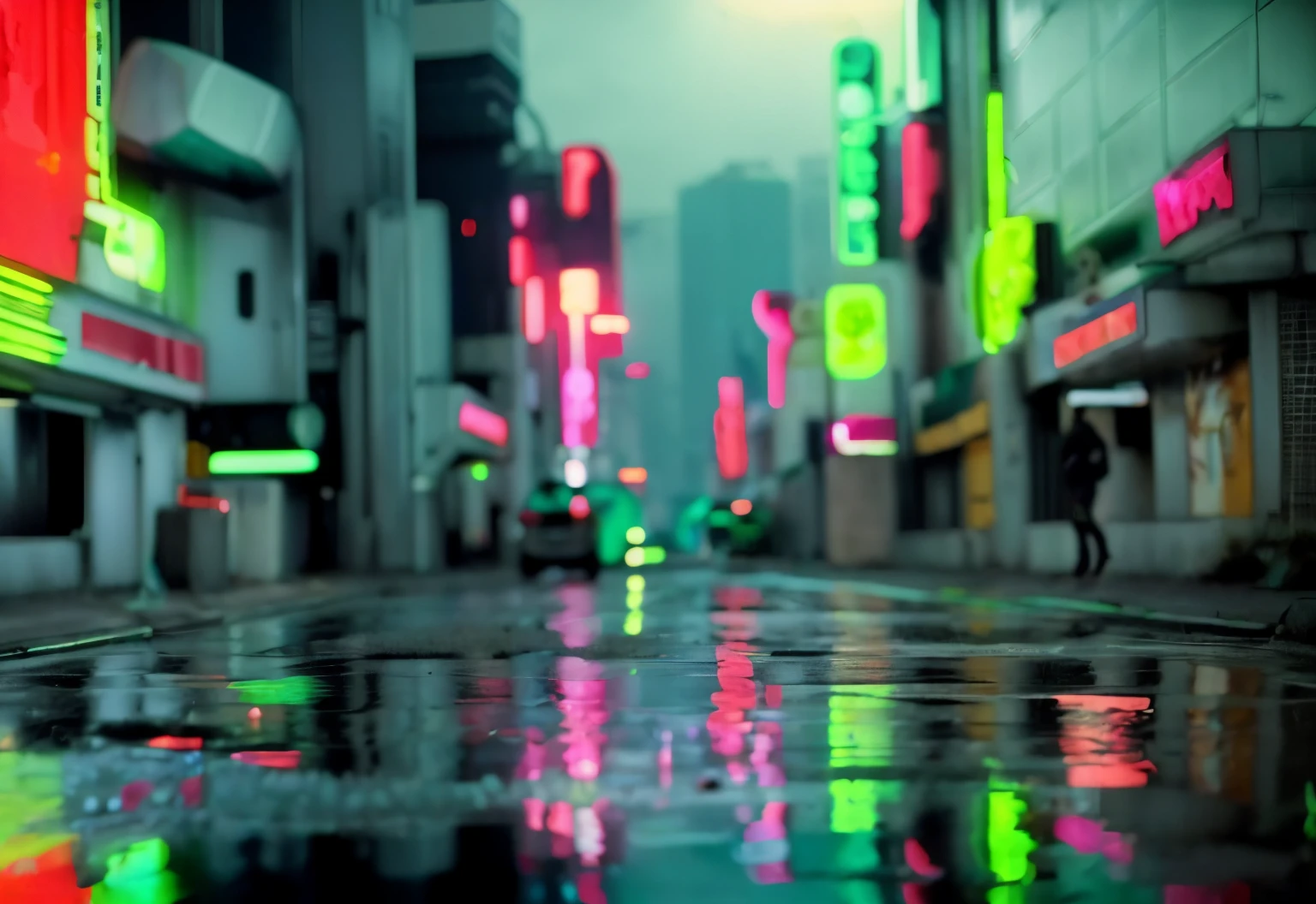 create a photo of a futuristic glowing neon green City empty street in a cyberpunk Bladerunner styled futuristic city.  Style is ultra realistic. Its wet outside and you can see the reflection and buildings in the puddles.  Huge tall buildings in the background with Neon lights and signs. Flying Cars in the Air flying around the metropolis  