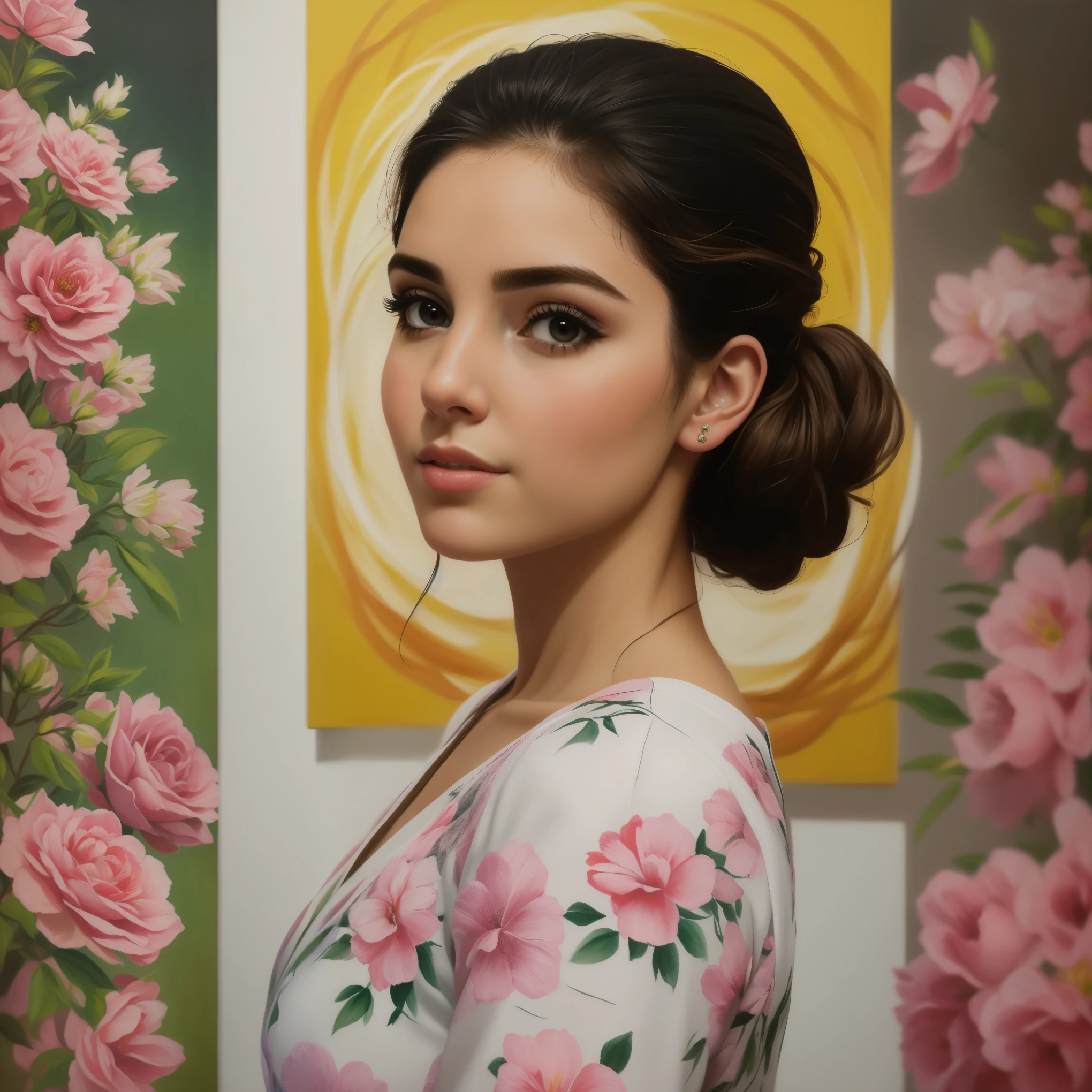 There is a woman in a flowery dress posing for a picture, realistic oil painting, estilo de arte hiperrealista, 8k resolution.oil on the canvas, high detailed oilpainting, retrato bonito detalhado, pintura digital realista, pintura realista de linda garota, realistic woman oil painting, retrato de beleza detalhado, photopintura digital realista, detailed pintura realista, pintura realista, arte digital realista 4k