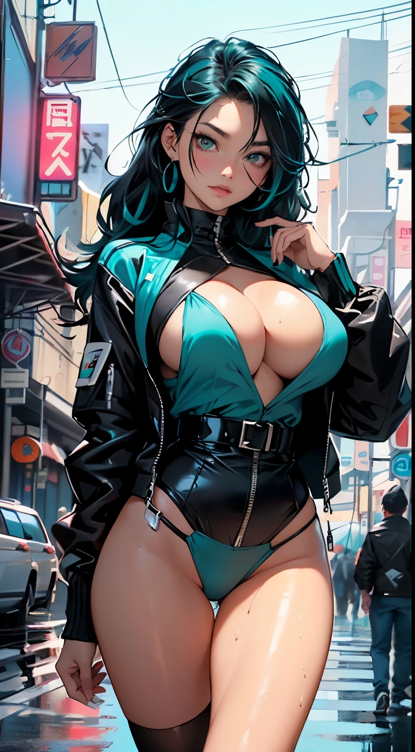 cute ,(((1 girl))),((extremely cute and beautiful black hair)),

(big breasts:1.4),perky chest, cleavage, ((((black hair,teal hair, two tone hair),colored inner hair,ear breathing,long hair))),((heterochromia:1.5, (white_eye))),intricate eye,beautiful detailed eye,symmetrical eye,((Fat)),(((Glossy skin:1.5,bright skin: 1.5,tanned skin,shiny skin,very shiny skin,shiny body,plastic glitter skin,exaggerated shiny skin,illuminated skin,wet legs))),(spider&#39;s underbelly,tight waist,wide hips,athlete body,bulging legs,detailed body,(detailed face)),

cute,fascinating,erotic,(((NSFW))),

zettai ryouiki,((slingshot black,black jacket)),(((huge cleavage))),((intricate costumes,complicated clothes)),

(dynamic pose:1.0),focus only,embarrassing,(Centered,Scale to fit,Rule of thirds),

cyberpunk city at night, Bright neon sign and dark storm clouds and puddles, scenery:1.25,

High resolution, sharp focus, (Super detailed, very detailed), (realistic artwork:1.37),(very detailed CG unity 8k wallpaper),((Synthwave background theme)),(((Bright colors))),(complex background),(masterpiece),(highest quality),