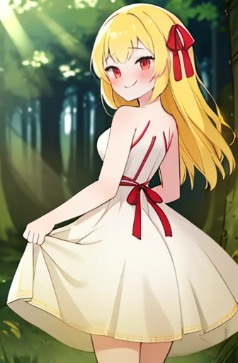 (masterpiece), highest quality, fantasy, colorful, forest, sunlight, dappled sunlight, particles of light, 1 girl, blush, smile, long hair, yellow hair, red eyes, hair ribbon, red ribbon, white dress, turn your arms behind your back,fart