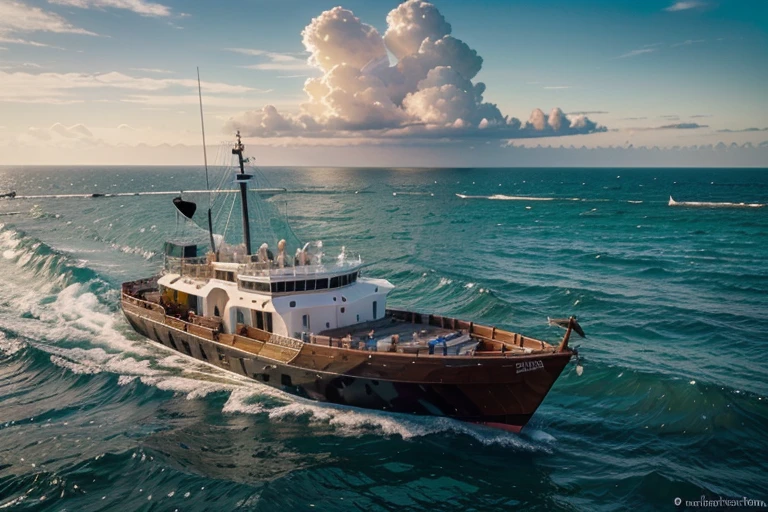Noah's Ark Survival,best quality,4k,8ก,height,Masterpiece:1.2,Very detailed,realistic,photorealistic:1.37,illustration,Animals,Wood material,provision,attention,Crystal clear waters,sunlight shining through clouds,Animalsคู่ทุกชนิด,Quiet atmosphere,bright colors,The sky is covered with clouds., calm ocean,sparkling waves,large floating boat, Breathtaking landscapes,Harmony of nature,Lush green foliage,protective shelter,faith and hope,The ship is on the horizon,Powerful paint strokes