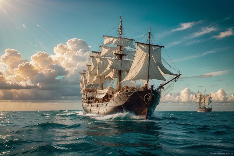 Noah's Ark Survival,best quality,4k,8ก,height,Masterpiece:1.2,Very detailed,realistic,photorealistic:1.37,illustration,Animals,Wood material,provision,attention,Crystal clear waters,sunlight shining through clouds,Animalsคู่ทุกชนิด,Quiet atmosphere,bright colors,The sky is covered with clouds., calm ocean,sparkling waves,large floating boat, Breathtaking landscapes,Harmony of nature,Lush green foliage,protective shelter,faith and hope,The ship is on the horizon,Powerful paint strokes
