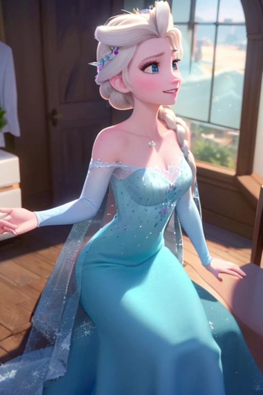 (mesa:1.4), (mejor calidad:1.4), (high resolution:1.4), Elsa de Arendelle, Sheer bra、Small bra、Ropa interior reveladora、trenza simple, Sonrisa,cara agradable、emphasis on chest.、 durante la noche, mirando al espectador,