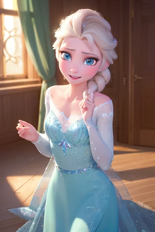 (mesa:1.4), (mejor calidad:1.4), (high resolution:1.4), Elsa de Arendelle, Sheer bra、Small bra、Ropa interior reveladora、trenza simple, Sonrisa,cara agradable、emphasis on chest.、 durante la noche, mirando al espectador,