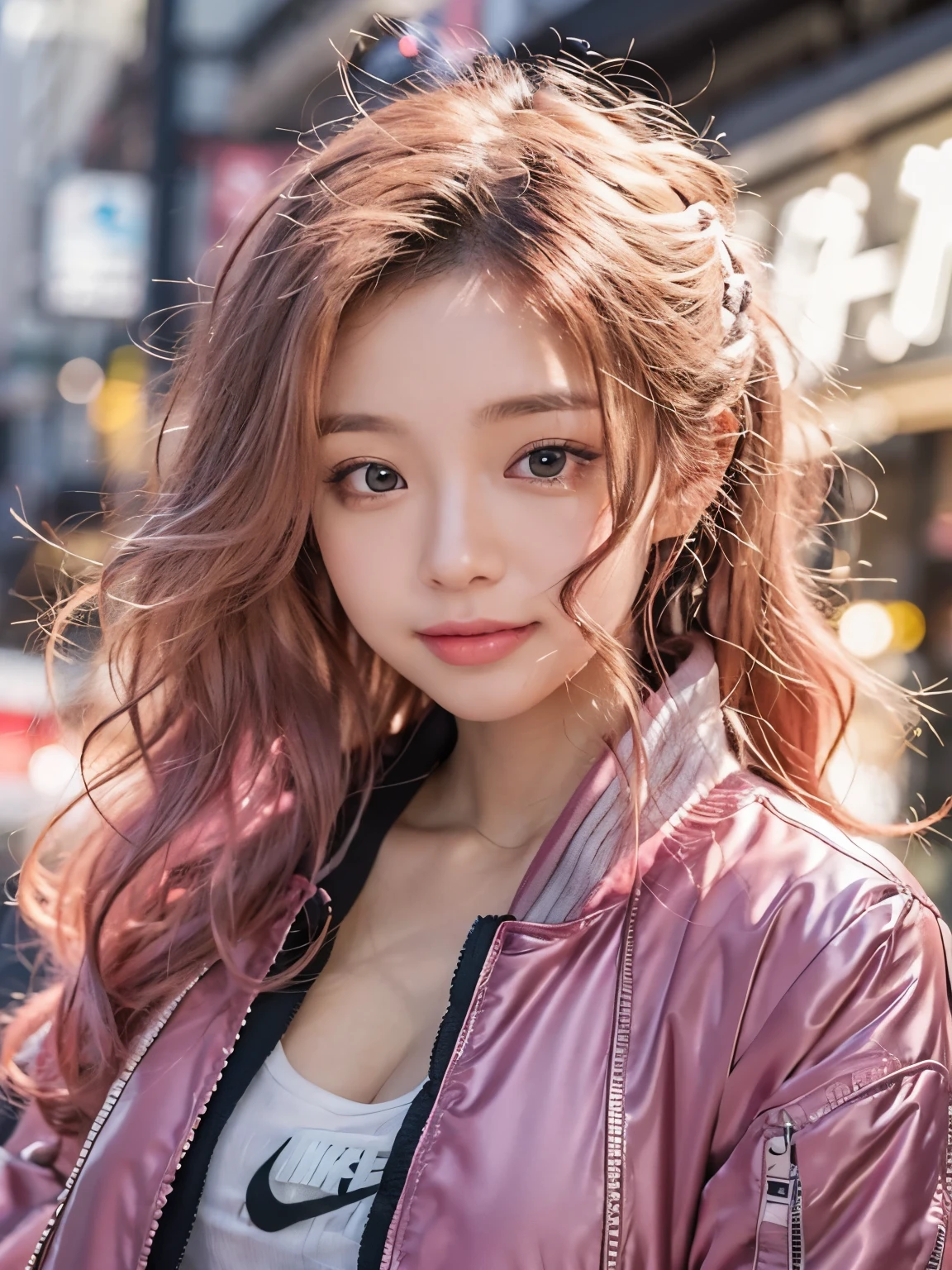 smile, Photo realistic, High resolution, detailed background, detailed beautiful skin, detailed nose, soft lighting, (solo shot:1.23), (upper body:1.1), closed shot, (breast focused:1.3), looking at viewer, (((nice hand, perfect hand))), clear eyes,// japanese lady, pale skin, (((cleavage))), mega breasts, 20 year old, // (((wearing nike Bomber Jacket with mini skirt))), pink hair, street snap, ((facing viewer)), at the street tokyo, ((standing)),
