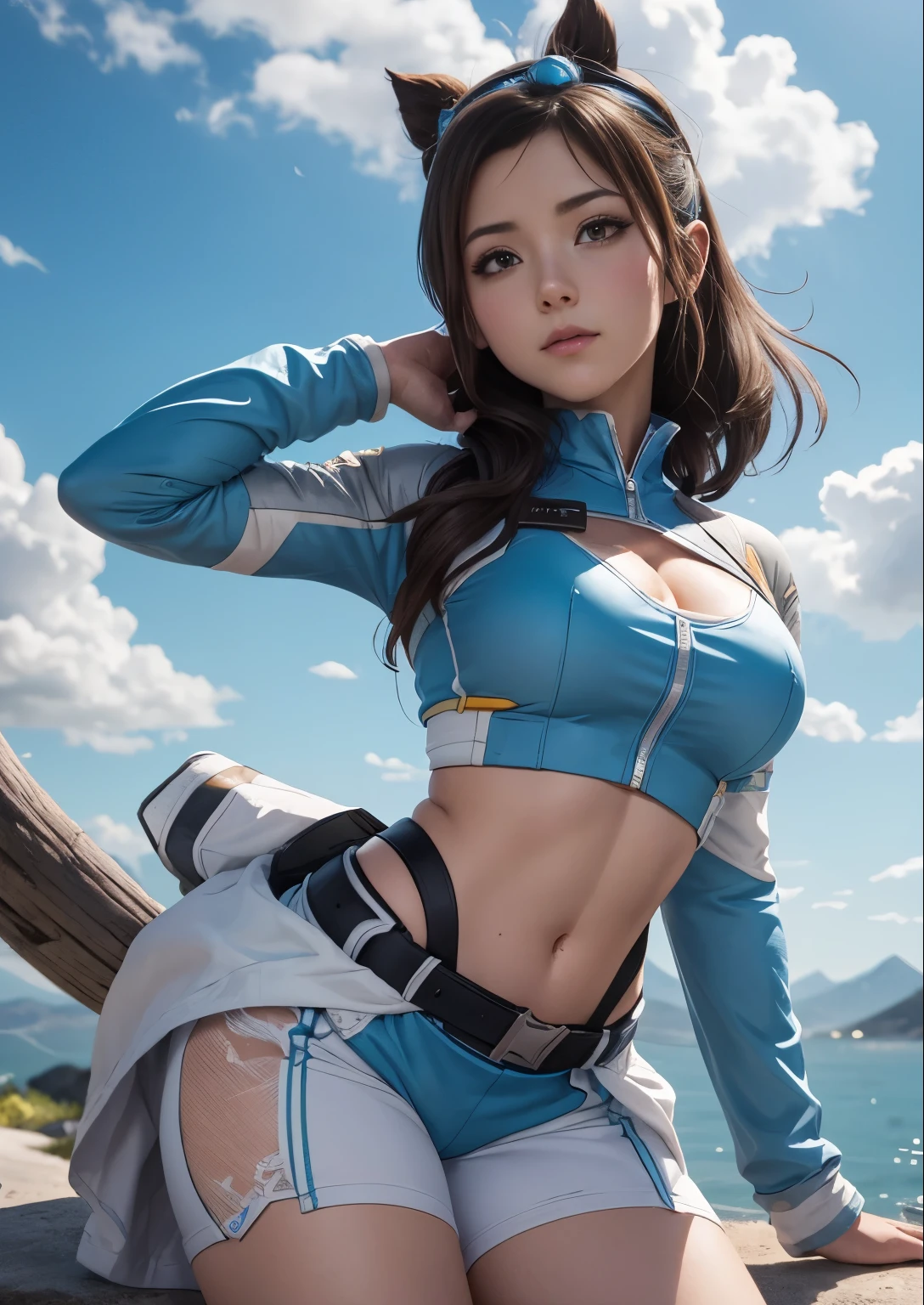 anime girl dans un haut blanc et un pantalon bleu debout devant une montagne enneigée, Katara d’Avatar, Chell, cel - style artistique ombré, Korra de la légende de Korra, Portrait de l’avatar Korra, Chell from portal, ruines antiques derrière elle, animation adulte ombrée de cellules, mei d’Overwatch, commission pour la haute résolution, Natalie de Epic Battle Fantasy, seulement