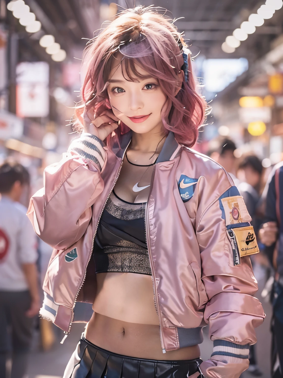 smile, Photo realistic, High resolution, detailed background, detailed beautiful skin, detailed nose, soft lighting, (solo shot:1.23), (upper body:1.1), closed shot, (breast focused:1.3), looking at viewer, (((nice hand, perfect hand))), clear eyes,// japanese lady, pale skin, (((cleavage))), mega breasts, 20 year old, // (((wearing nike Bomber Jacket with mini skirt))), pink hair, street snap, ((facing viewer)), at the street tokyo, ((standing)),