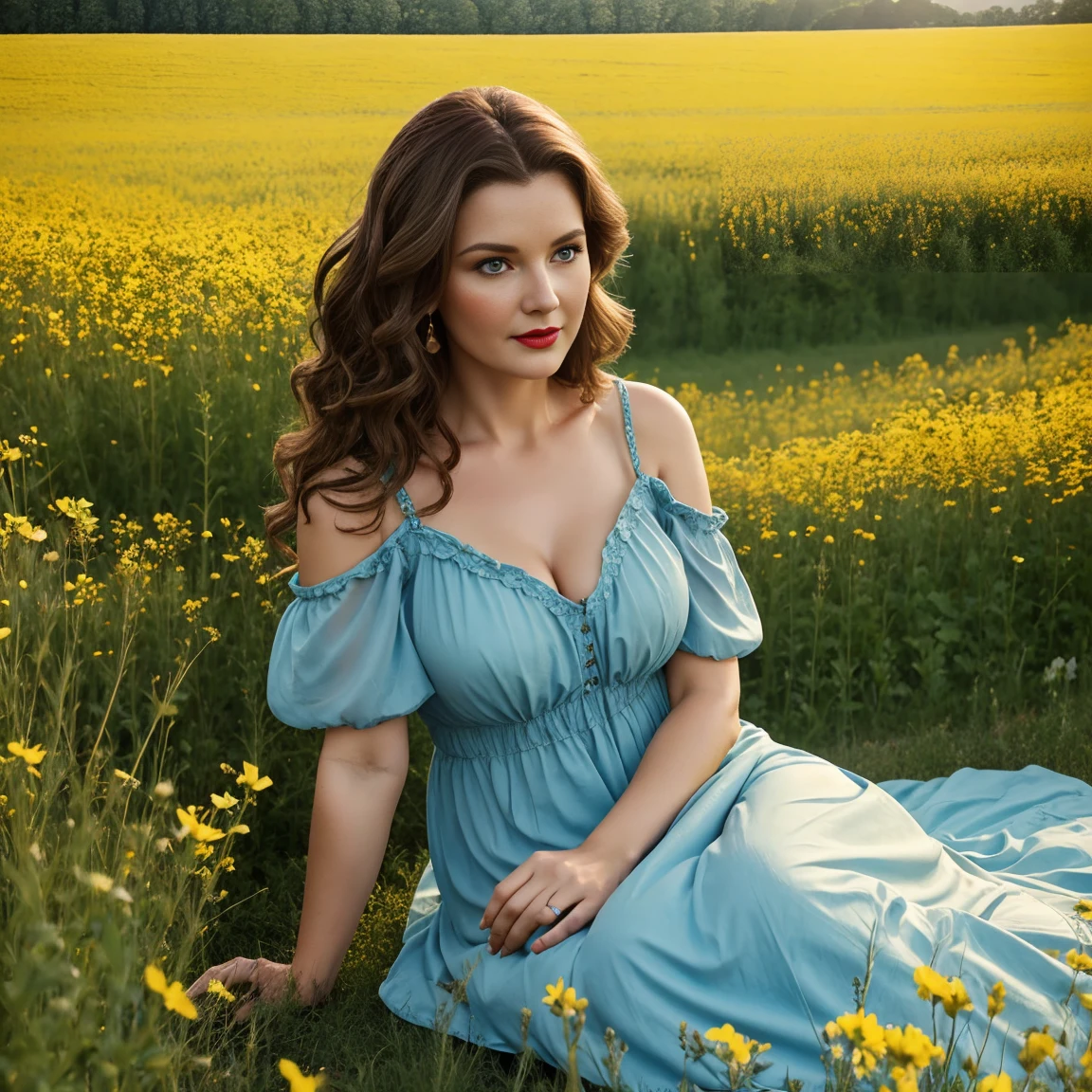 Beautiful woman 40 years old wavy brown hair voluptuous body blue eyes red lips peasant dress in flower meadow