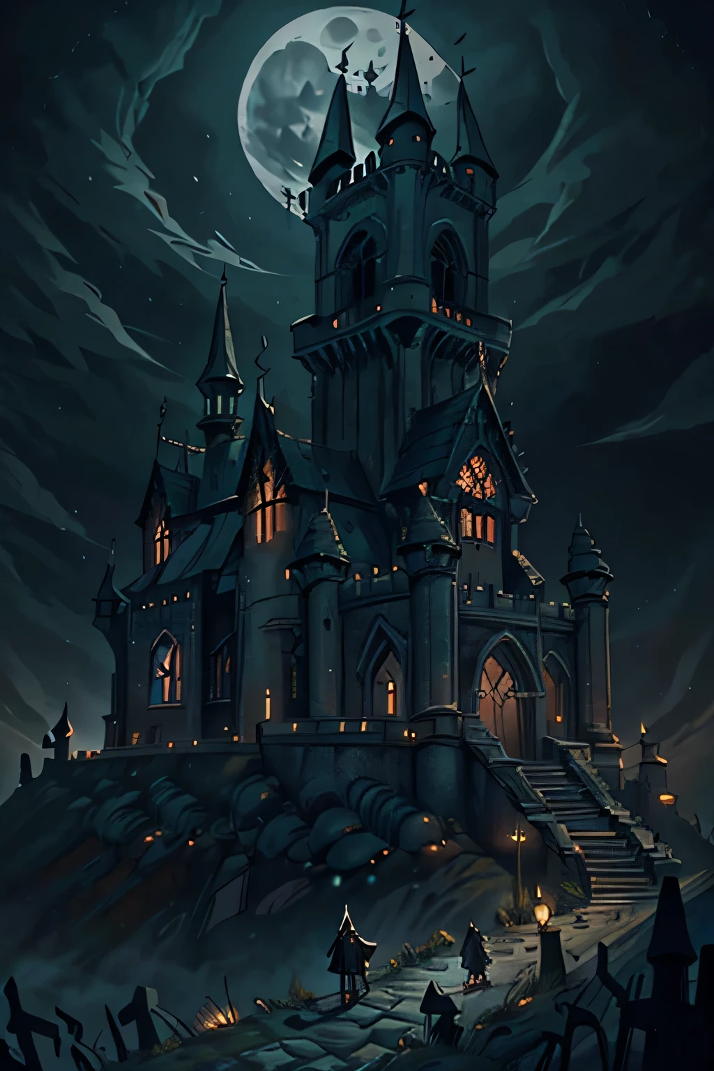 Generate an image featuring a gothic-inspired citadel surrounded by ominous landscapes, illuminated by moonlight. Incorporate intricate architectural details, gargoyles, and eerie shadows for a haunting atmosphere, 4k 