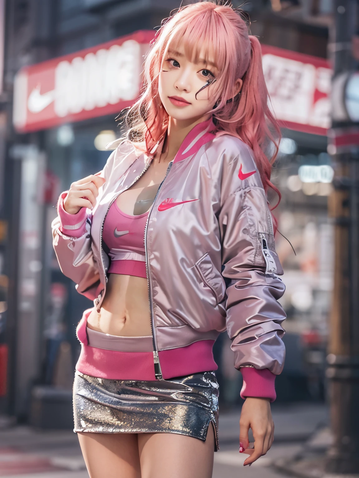 smile, Photo realistic, High resolution, detailed background, detailed beautiful skin, detailed nose, soft lighting, (solo shot:1.23), (upper body:1.1), closed shot, (breast focused:1.3), looking at viewer, (((nice hand, perfect hand))), clear eyes,// japanese lady, pale skin, (cleavage), mega breasts, // (((wearing nike Bomber Jacket with mini skirt))), pink hair, street snap, ((facing viewer)), at the street tokyo, ((standing)),