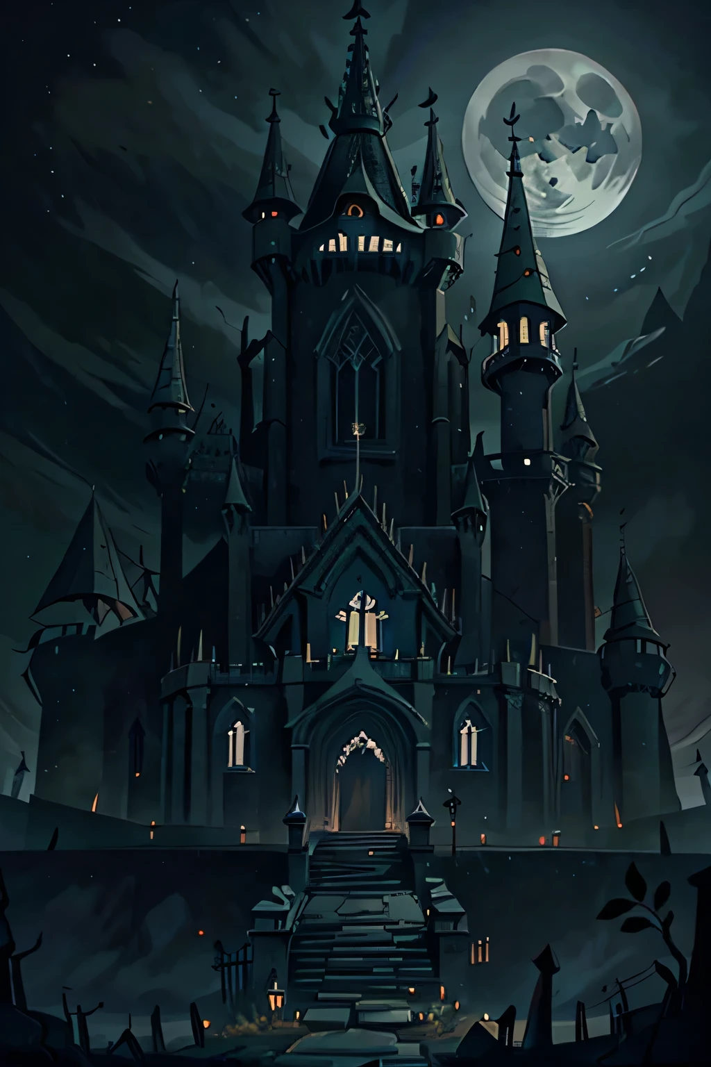 Generate an image featuring a gothic-inspired citadel surrounded by ominous landscapes, illuminated by moonlight. Incorporate intricate architectural details, gargoyles, and eerie shadows for a haunting atmosphere, 4k 