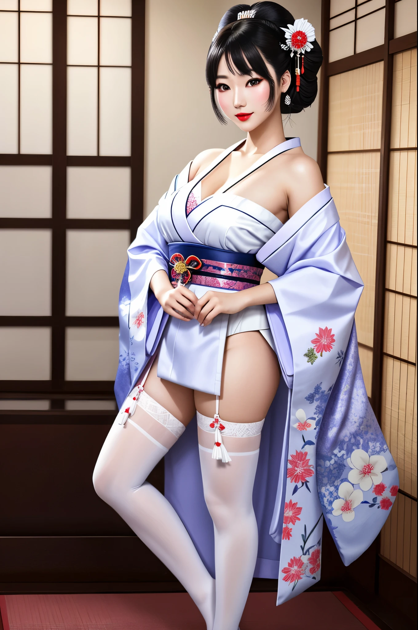 detailed realistic image of 1 young geisha, ((full body shot):1.5), traditional japanese beauty, light purple-blue-white sexual kimono with highly detailed traditional pattern, traditional intricate geisha hairstyle, hair sticks, kanzashi, kanoko, bira-bira, japanese traditional women's hair ornaments, flirts with camera, seducing smile, ultra sexy, fancy makeup, heavy eye makeup, red lipstick, long legs in white opaque stockings, big breasts, cleavage, in traditional japanese interior, (Best Quality, 16K, Masterpiece, UHD, Ultra quality cinematic lighting, Huge detail, Well lit, 35mm, sharp, hyper realistic, epic scale, insane level of details, beautiful detailed girl, very detailed eyes and face, beautiful detailed eyes, ultra detailed skin, realistic skin)