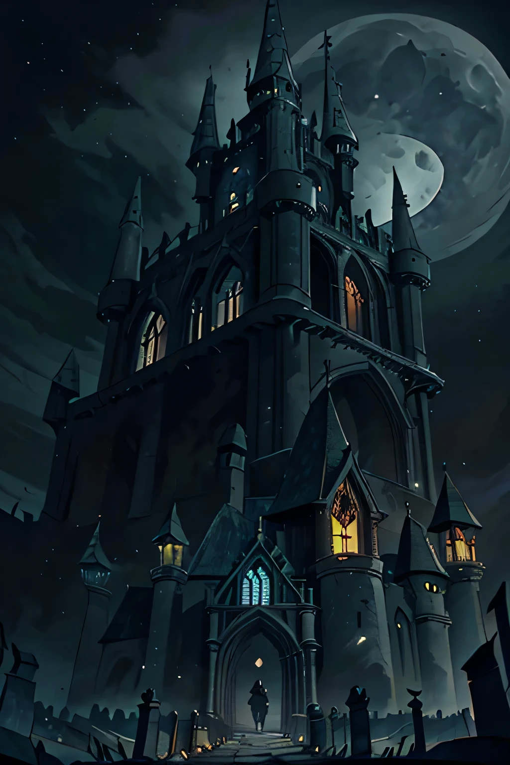 Generate an image featuring a gothic-inspired citadel surrounded by ominous landscapes, illuminated by moonlight. Incorporate intricate architectural details, gargoyles, and eerie shadows for a haunting atmosphere, 4k 