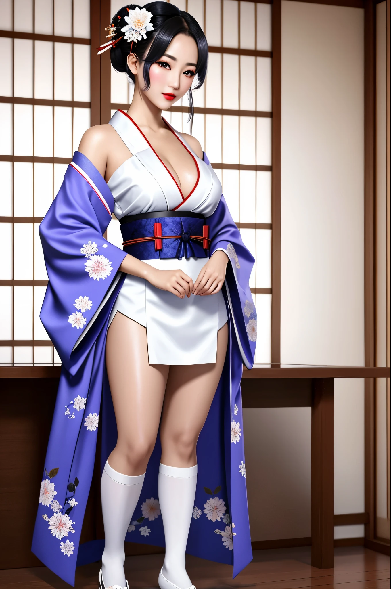 detailed realistic image of ung geisha, ((full body shot):1.5), traditional japanese beauty, light purple-blue-white sexual kimono with highly detailed traditional pattern, traditional intricate geisha hairstyle, hair sticks, kanzashi, kanoko, bira-bira, japanese traditional women's hair ornaments, flirts with camera, seducing smile, ultra sexy, fancy makeup, heavy eye makeup, red lipstick, long legs in white opaque stockings, big breasts, cleavage, in traditional japanese interior, (Best Quality, 16K, Masterpiece, UHD, Ultra quality cinematic lighting, Huge detail, Well lit, 35mm, sharp, hyper realistic, epic scale, insane level of details, beautiful detailed girl, very detailed eyes and face, beautiful detailed eyes, ultra detailed skin, realistic skin)