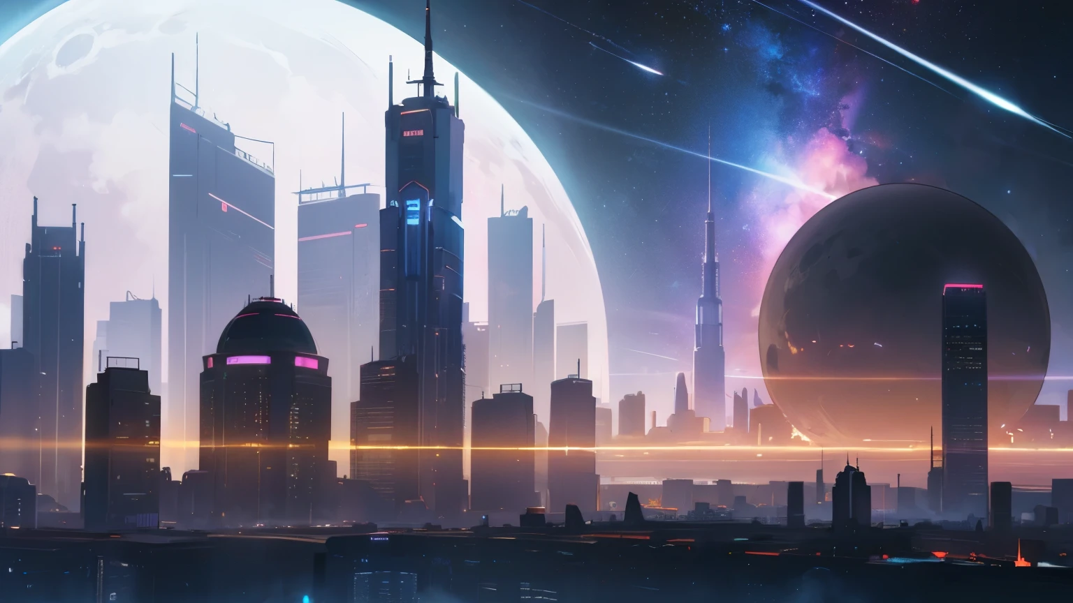 futuristic advanced civilization living on an orbiting colony, huge city with massive skyscrapers focused on a taller building than the rest with a view of an alien planet in the dark starlit sky and a nebula in the background