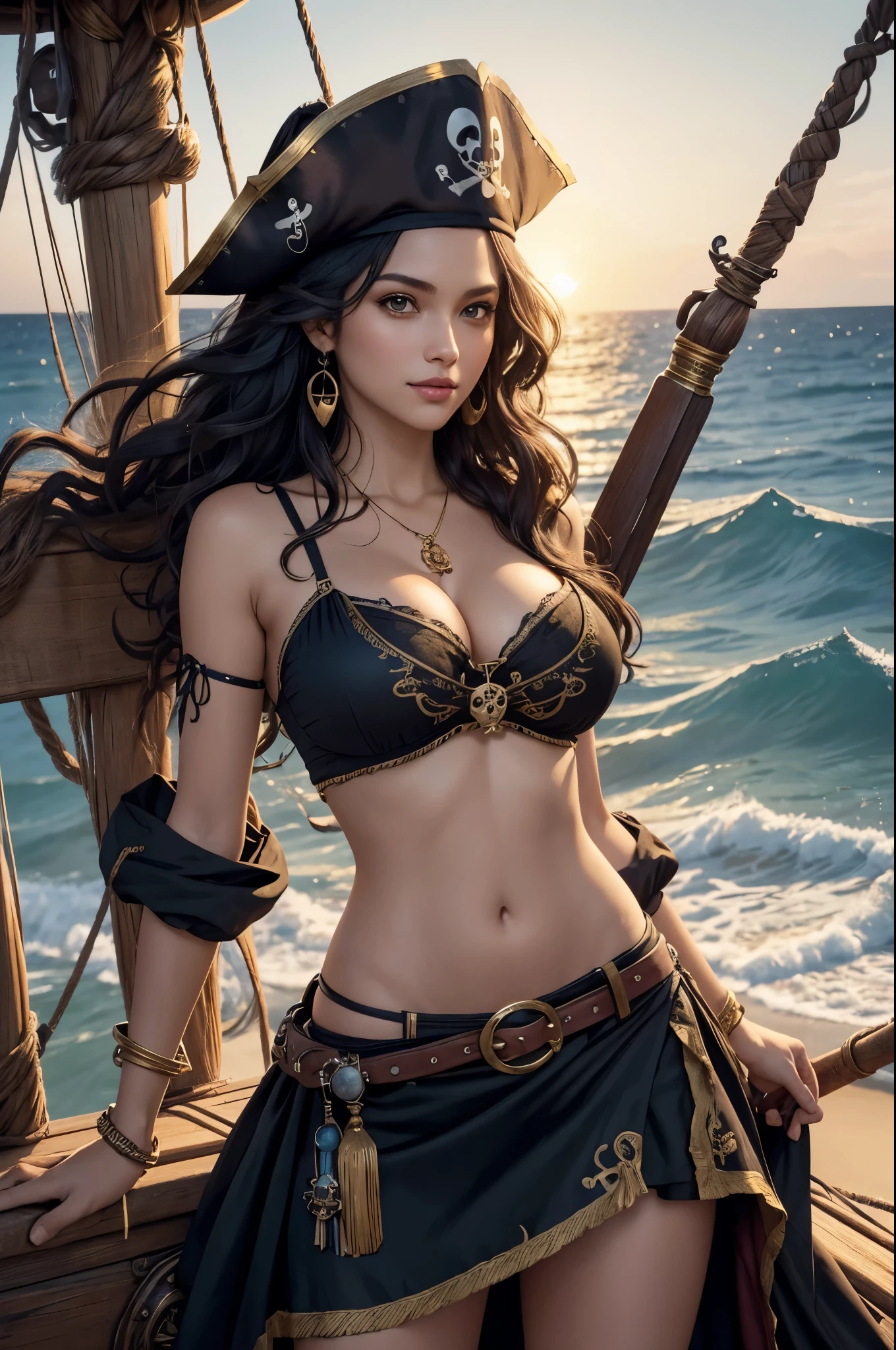 (a detailed description of the image: pirate theme, girl with wavy curly hair, on a pirate ship, showing cleavage, depicting the girl as sexy and exotic)

(best quality,4k,8k,highres,masterpiece:1.2),ultra-detailed,(realistic,photorealistic,photo-realistic:1.37),HDR,UHD,studio lighting,ultra-fine painting,sharp focus,physically-based rendering,extreme detail description,professional,vivid colors,bokeh,portrait,sexy girl with wavy curly hair,curly lush hair flowing,beautiful detailed eyes,beautiful detailed lips,exotic looking girl with a captivating gaze,alluring expression,perfectly shaped cleavage,close up on the torso,ornate pirate ship with intricate carvings and rustic wooden planks,tattered sails fluttering in the wind,calm ocean waves reflecting the golden sunset,pirate flag with a skull and crossbones flying high,enticing,flirty,captivating,cheeky smile,exquisite figure highlighted by light and shadows,mysterious aura,eye-catching costume with a low-cut top and a flowing skirt,ornate belt with a shiny buckle,pirate hat with a feather,glowing golden earrings,delicate necklace adorning her neck,holding a pirate sword with a confident grip,possession of a treasure chest overflowing with jewels and gold coins,mischievous,adventurous spirit,proud and confident stance,inviting background with a tropical island in the distance,palm trees swaying in the breeze,black hair,soft warm lighting adding a romantic touch,subtle bokeh effect in the background,bringing focus to the girl's enchanting presence)