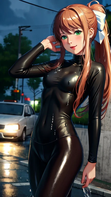 SoakingWetClothes, Masterpiece, highest quality, monika, green eyes, brown hair, very long hair, ponytail, hair ribbon, casual clothes, leggings, soaking wet clothes, wet hair, wet body, wetlook, soaked, pouring rain, outside, running down the sidewalk, dripping wet, soaked clothes, wet clothes, wet fabric, soaking wet, small breasts, looking at camera, tongue out, mouth open, V sign