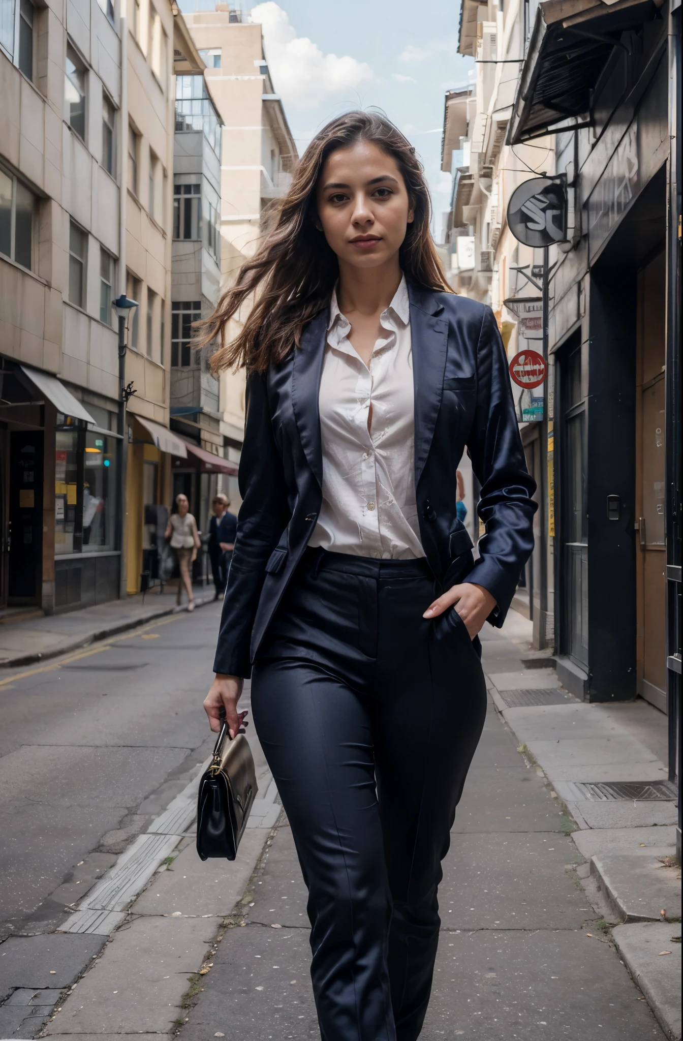 (8k, RAW photo, best quality, masterpiece: 1.2), (realistic, photorealistic: 1.37), 1 woman in suit standing on the sidewalk, 30 years old, cityscape, day, sunny morning, professional lighting, photon mapping, radiosity, Brazilian woman, torn, shirt, woman in suit, silk suit