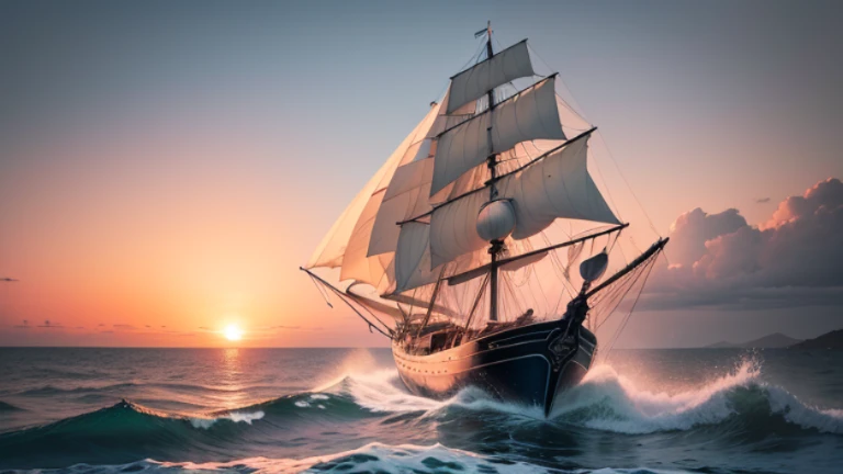 Draw a majestic sailboat sailing in the blue waters of the ocean.. The sailboat must have been inspired by a 16th century Portuguese ship., There are three tall pillars., The white sails fluttered. And the Portuguese flag flutters in the wind.. The sea waves must be conveyed in detail., Create a motion effect, and in the background, The sky should be painted in light shades of orange and pink., Refers to a beautiful sunset.. Let your creativity flow to capture the essence of the age of discovery and the grandeur of Portuguese sailboats.! Too realistic, High quality 8k