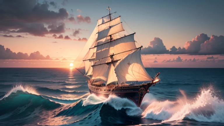Draw a majestic sailboat sailing in the blue waters of the ocean.. The sailboat must have been inspired by a 16th century Portuguese ship., There are three tall pillars., The white sails fluttered. And the Portuguese flag flutters in the wind.. The sea waves must be conveyed in detail., Create a motion effect, and in the background, The sky should be painted in light shades of orange and pink., Refers to a beautiful sunset.. Let your creativity flow to capture the essence of the age of discovery and the grandeur of Portuguese sailboats.! Too realistic, High quality 8k