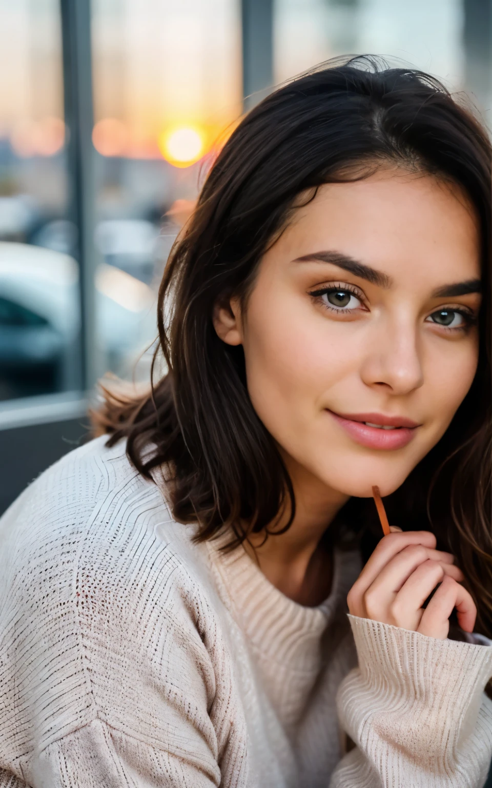 Beautiful brunette wearing pink sweater (Sipping coffee in a modern café at sunset), Sehr detailiert, 21 Jahre alt, Unschuldiges Gesicht, Natural wavy hair, blue eyes, high resolution, Meisterwerk, best quality, Komplizierte Details, Sehr detailliert, scharfer Fokus, detaillierte Haut, realistisch skin Textur, Textur, detaillierte Augen, Fachmann, 4K, charming smile, mit Kanone gedreht, 85mm, shallow depth of field,  Kodak Vision Farbe, perfectly fitting body, Extremely detailed, Foto_\(Ultra\), photorealistisch, realistisch, Nachbearbeitung, Maximale Detailgenauigkeit, Rauheit, wahres Leben, Ultra realistisch, Fotorealismus, Fotografie, 8K UHD, Fotografie