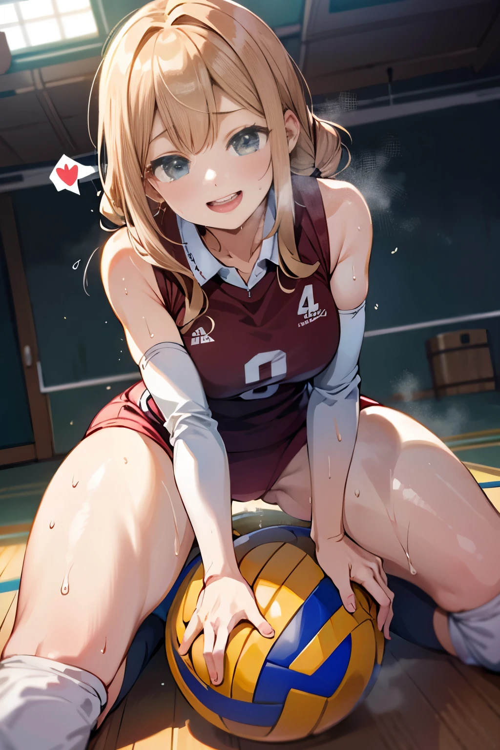 unity 8k wallpaper, anatomically correct, (((masterpiece))), (((best quality))), (((ultra detailed))), (((high-resolution))), ((Ultimate cutie)), perfect hands, perfect finger, (((good anatomy))), detailed beautiful face, shiny hair, (((gyaru))), (potbelly), (curvy), medium breasts, ((Thick thighs)), (((solo))), ((seductive smile)), (((blush))), (half open mouth),
BREAK, (((sit astride the perfectly spherical shape 6-inch volleyball))), (((Straddling a perfectly spherical 6" volleyball))), (((Perfectly spherical 6" volleyball fits perfectly crotch))), BREAK, (((Rub the Perfectly spherical 6" volleyball against crotch))),
BREAK, (Collared volleyball uniforms), sleeveless, ((buruma)), ((kneepad)), (pussy juice stained), (elbow pad), (((sweat))), (((covered in sweat))), ((deep breathing)), in Volleyball Court, indoor, lighting, looking at viewer, full body, (spoken heart)
