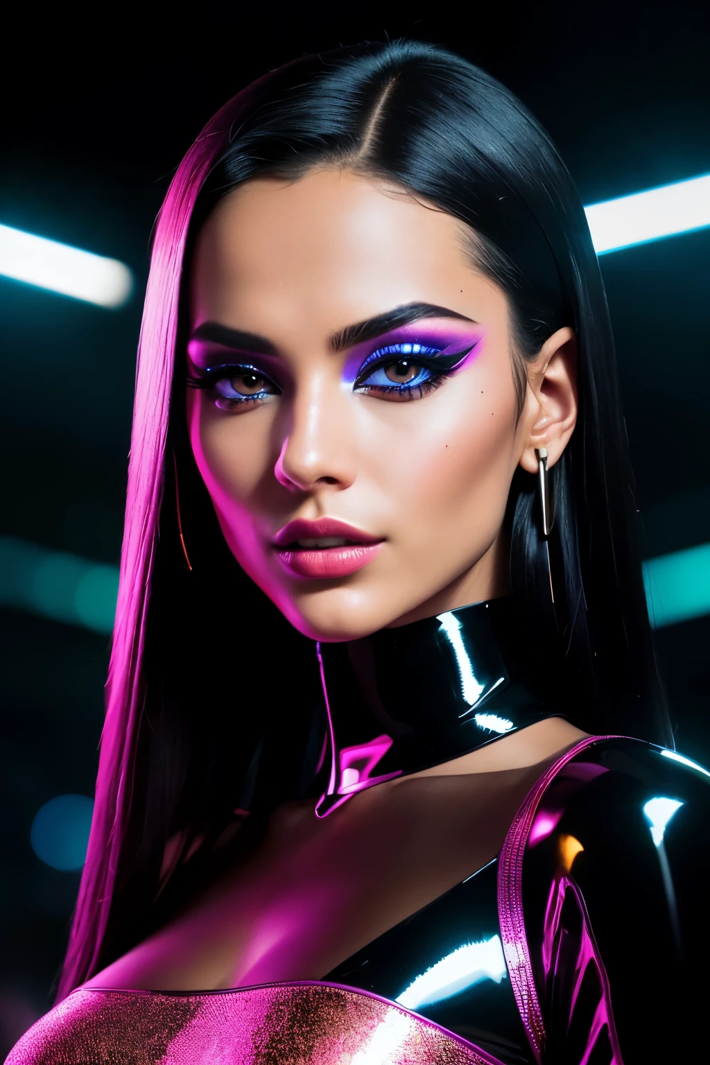 Photo of a very sexy slim techno party girl, ((Portrait)), ((Detailed face:1.2)), ((black hair: long and sleek)), ((Detailed facial features: expressive eyes, angular jawline, and full lips)), ((Finely detailed skin: radiant and smooth)), wearing revealing techno outfit, ((Bold colors: neon and metallic)), ((Realistic texture: shimmering and glossy)), ((Best Quality: 8K UHD, 30MP)), photographed using a Sony Alpha A7 Arabia 55mm lens, F/1.4, in a dimly lit, futuristic party environment, with strobe lighting and smoke effects, using