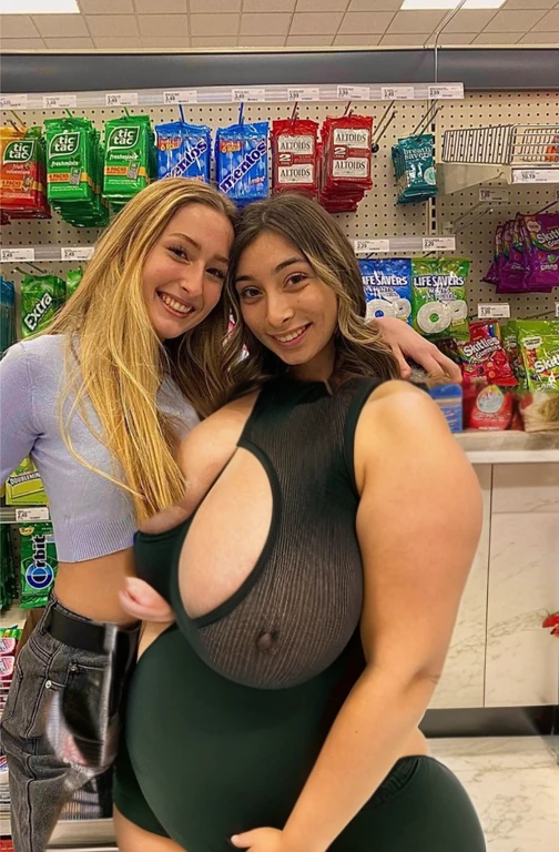 standing in a store with a shelf full of snacks, modeling for dulce and gabanna, 😭 🤧 💔, taken in the early 2020s, 😭 🤮 💕 🎀, at the counter, older sister vibes, casual pose, college girls, beautiful girls, cute girls, getting groceries, young girls, at a mall, Big tits, huge tits, no clothes, sexy, cute, wide hips, thick thighs, pear-shaped body, minimal clothes, thick, extra wide hips, bbw, wide girl, giant tits, tits busting out, nipple showing, spilling out the side, sideboob, fat showing, minimal clothes, thick, thicc, upper body zoom, showing waist, hard nipples, see through top