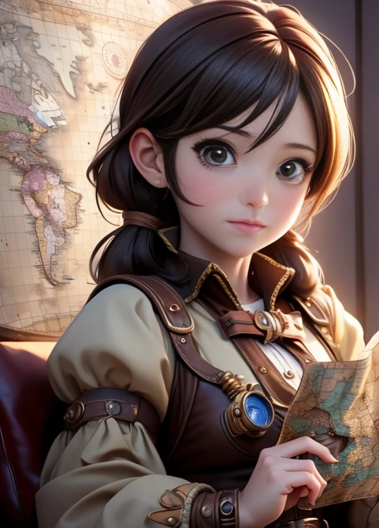 Ultra-realistic 8k CG, masterpiece, best quality, (photorealistic:1.4), absurdres, extremely detailed, realistic anime style, realistic anime style, realistic art style, kawaii realistic portrait, anime art style, anime styled digital art, Anime style. 8K, anime vibes, anime style portrait, anime realism style, realistic anime 3 d style, an adventurer steampunk girl (((looking at a map))), steampunk girl, steampunk dress, steampunk airship, night time