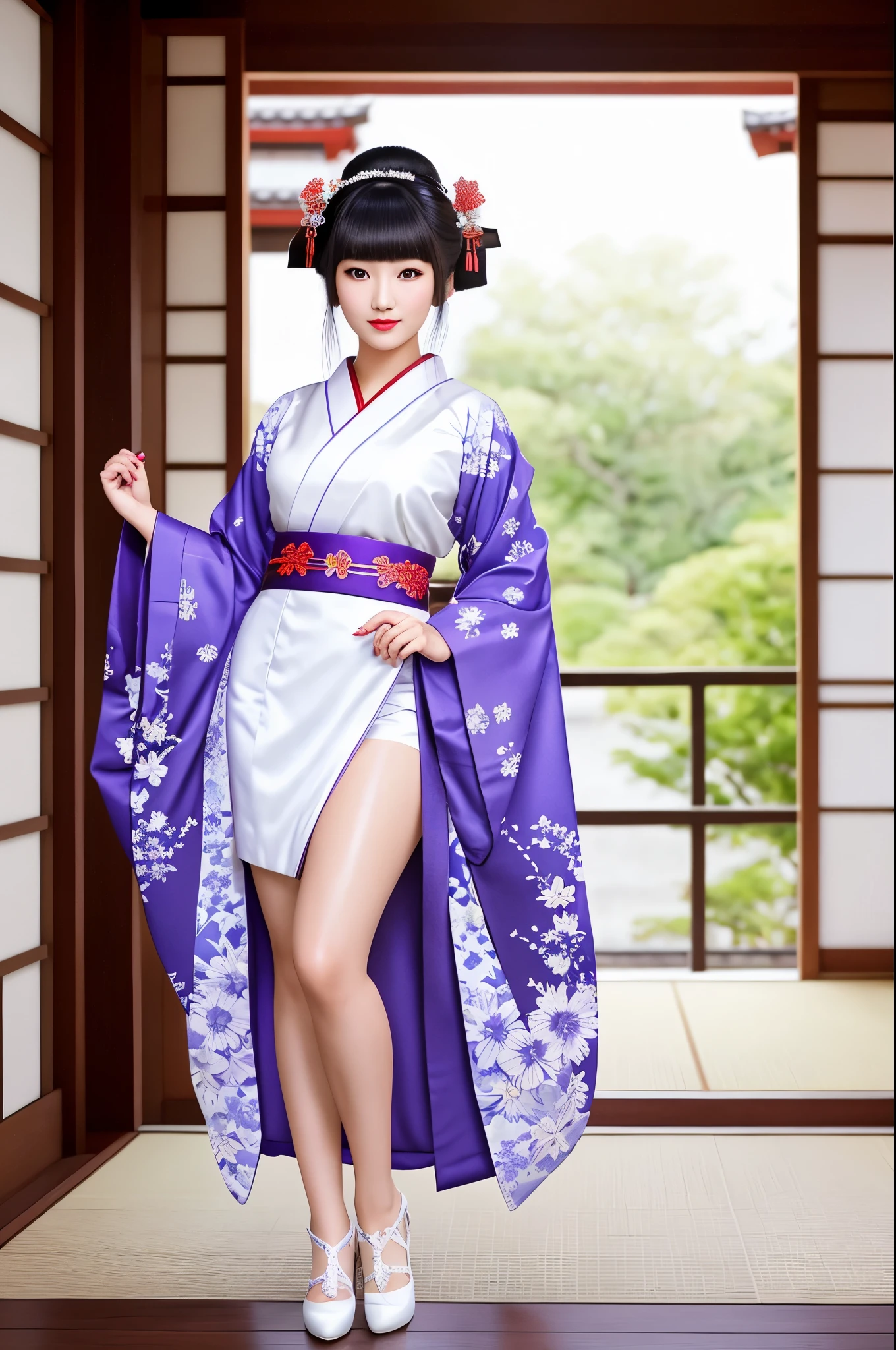 detailed realistic image of ung geisha, ((full body shot):1.5), traditional japanese beauty, light purple-blue-white sexual kimono with highly detailed traditional pattern, traditional intricate geisha hairstyle, hair sticks, kanzashi, kanoko, bira-bira, japanese traditional women's hair ornaments, flirts with camera, seducing smile, ultra sexy, fancy makeup, heavy eye makeup, red lipstick, long legs in white opaque stockings, big breasts, cleavage, in traditional japanese interior, (Best Quality, 16K, Masterpiece, UHD, Ultra quality cinematic lighting, Huge detail, Well lit, 35mm, sharp, hyper realistic, epic scale, insane level of details, beautiful detailed girl, very detailed eyes and face, beautiful detailed eyes, ultra detailed skin, realistic skin)