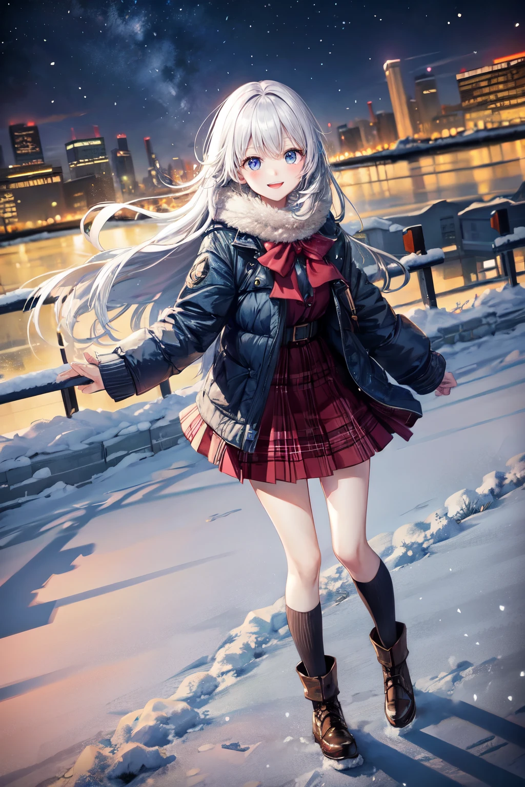 highest quality、cinematic lighting、slender line、high school girl、winter city、A snow-covered city、smile、Full body、