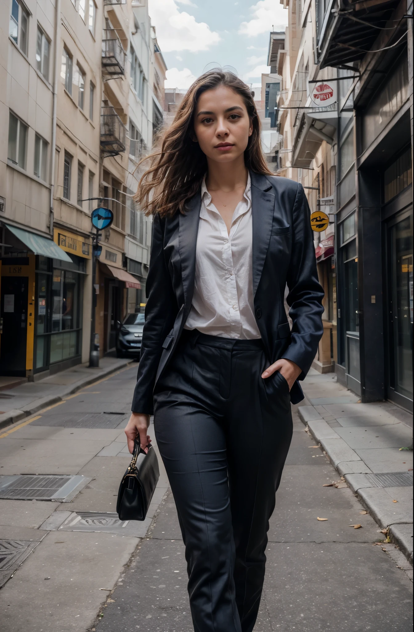 (8k, RAW photo, best quality, masterpiece: 1.2), (realistic, photorealistic: 1.37), 1 woman in suit standing on the sidewalk, 30 years old, cityscape, day, sunny morning, professional lighting, photon mapping, radiosity, , torn, shirt, woman in suit, silk suit, backgorund blurred, sefie shot, cinematic lighting, motion blur, film grain, very detailed, 30 years, natural wave hair, dark brown eyes, high-res, masterpiece, best quality, intricate details, highly detailed, sharp focus, detailed skin, realistic skin texture, texture, detailed eyes, professional, 4k, 85mm, shallow depth of field, kodak color vision, perfect fit body, extremely detailed, photo_\(ultra\), photorealistic, realistic, post-processing, maximum detail, roughness, real life, ultra realistic, photorealism, photography, 8k uhd, photography (grain of film) medium shot for closeup shot, longer slimer face, perfect face