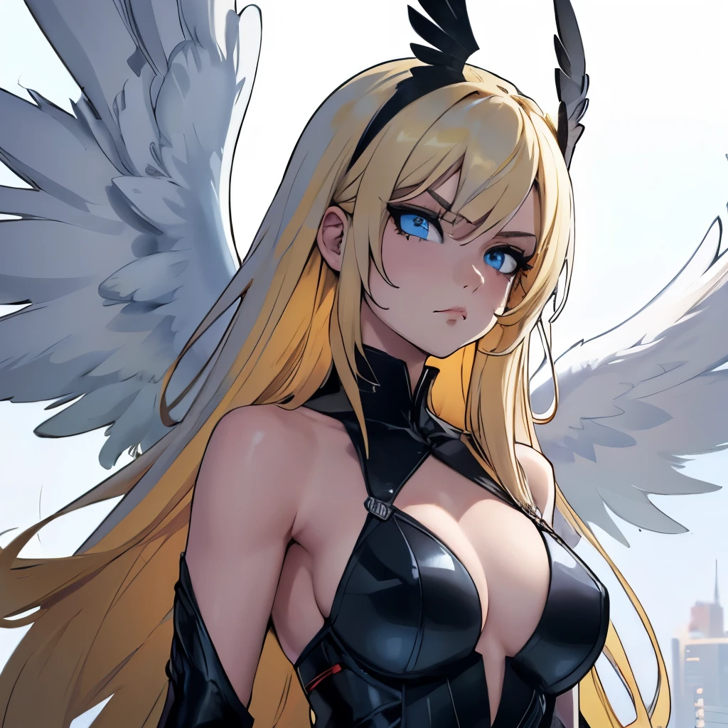 A girl with long yellow hair and blue eyes, perfect face, mature and responsible, serious, had angel wings, wing color, dark black. 