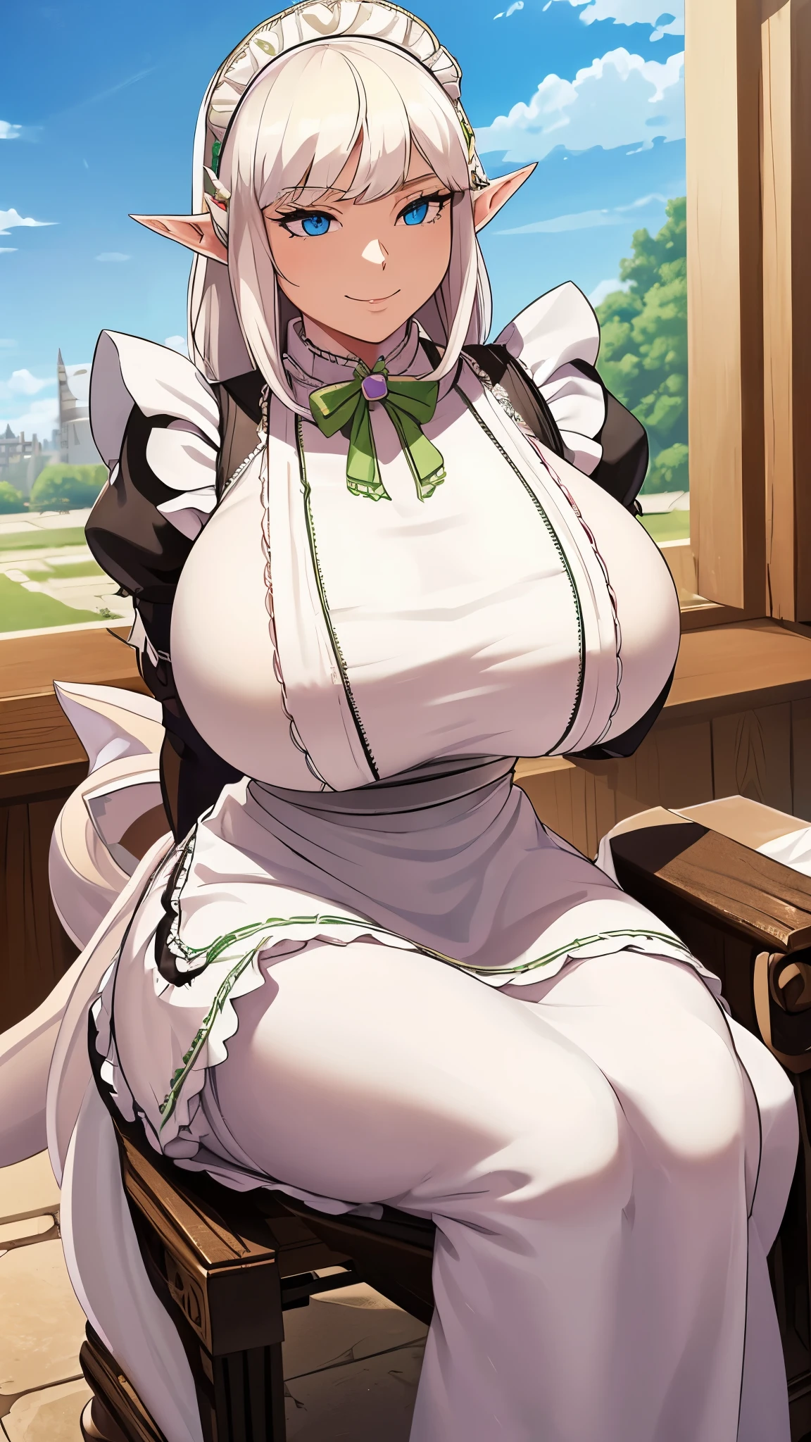 a beautiful women, (Elf Queen:1.4) sit on the throne,(neko maid clothes:1.8) , perfect face, full body, victorian era, noble dress, complicated decoration, spelling, talking, smiling, arms behind back, soft rim light, beautiful detailed sky, masterpiece, ultra high res, high quality, 4k, (photorealistic:1.2), photo, huge breasts, gigantic tits
