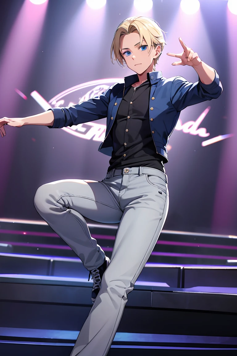 Guy blonde, short stature, Blue eyes, Shirt underneath the jacket, light gray jeans, dancing on stage