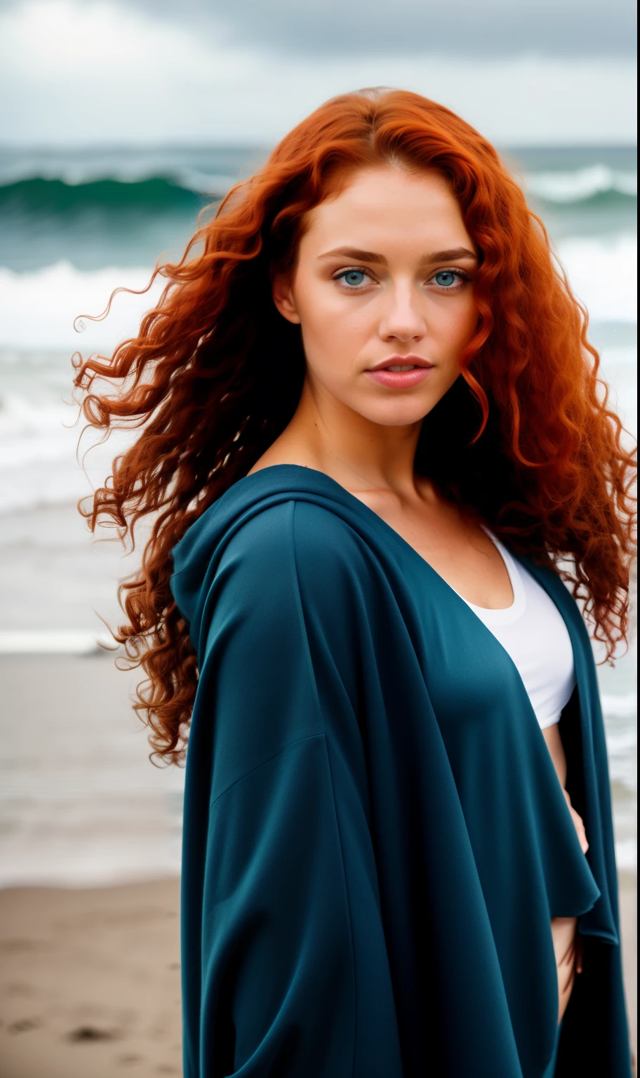 Jedi woman, red curly hair, blue eyes, full body, highly detailed skin, skin pores, coastline, cloudy weather, wind, waves, 8k uhd, Dslr, soft lighting, high quality, film grain, Fujifilm XT3