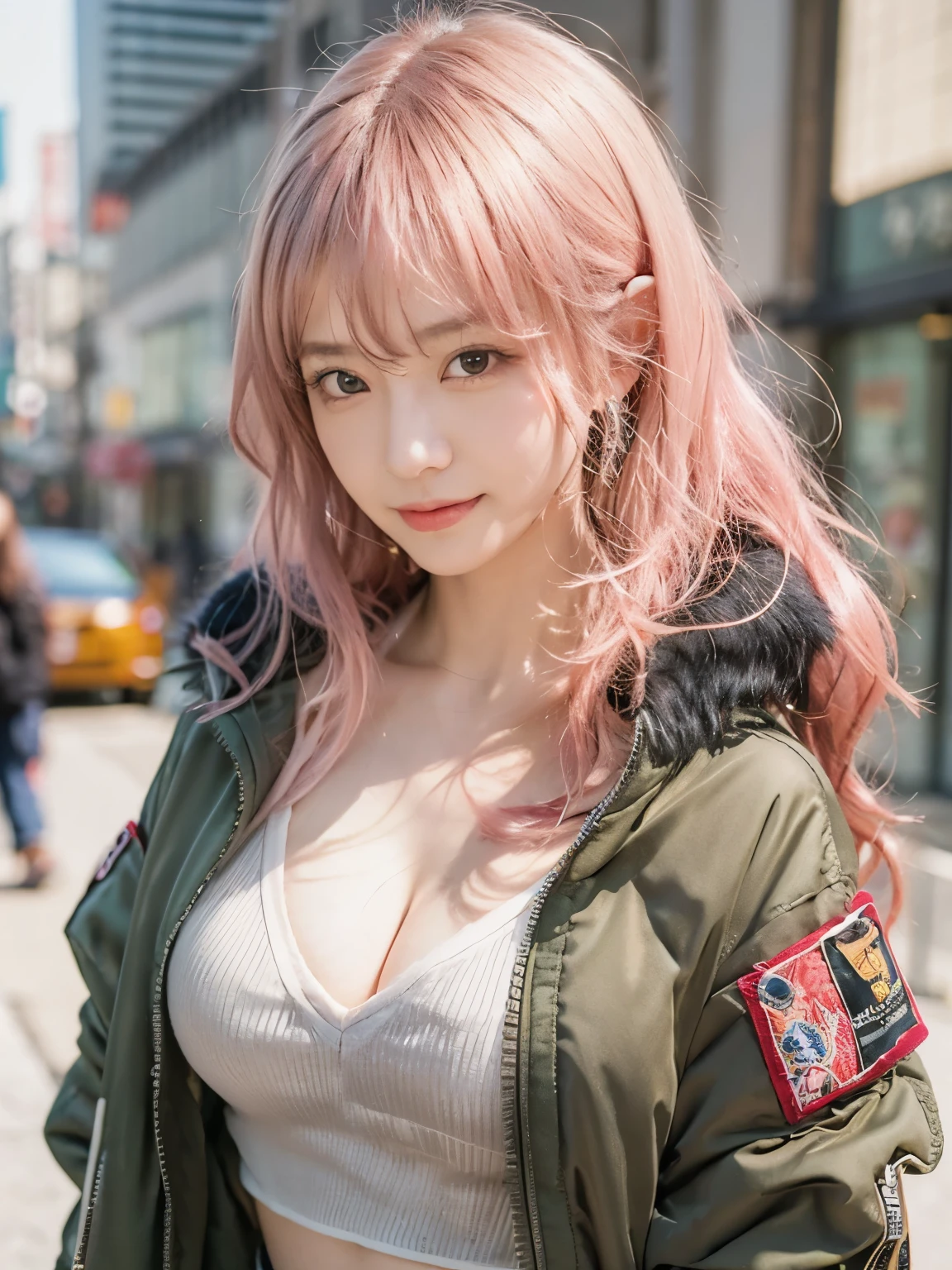 smile, Photo realistic, High resolution, detailed background, detailed beautiful skin, detailed nose, soft lighting, (solo shot:1.23), (upper body:1.1), closed shot, (breast focused:1.3), looking at viewer, (((nice hand, perfect hand))), clear eyes,// japanese lady, pale skin, (((cleavage))), mega breasts, 20 year old, // (((wearing Bomber Jacket, with Wide Leg Pants))), pink hair, street snap, ((facing viewer)), at the street tokyo, ((standing)),