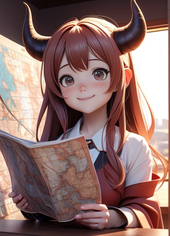 Ultra-realistic 8k CG, masterpiece, best quality, (photorealistic:1.4), absurdres, extremely detailed, realistic anime style, realistic anime style, realistic art style, kawaii realistic portrait, anime art style, anime styled digital art, Anime style. 8K, anime vibes, anime style portrait, anime realism style, realistic anime 3 d style, a devil horned girl (((looking at a map))), smiling, horns, devil girl, mini dress, night time