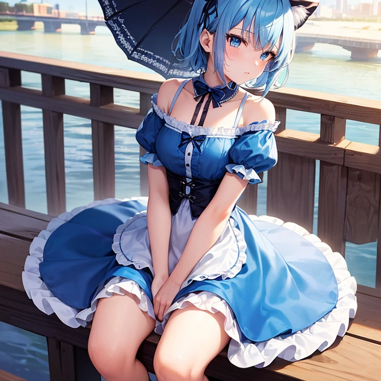 ((Best quality)), ((masterpiece)), (detailed), perfect face, cute cat girl with blue hair and blue eyes short hair, dressed in a cute blue Lolita dress.Sitting on a bridge near the river