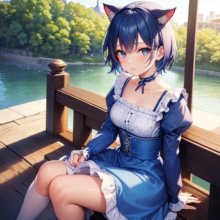 ((Best quality)), ((masterpiece)), (detailed), perfect face, cute cat girl with blue hair and blue eyes short hair, dressed in a cute blue Lolita dress.Sitting on a bridge near the river