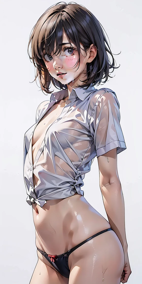 ((highest quality, 8K, masterpiece: 1.3, RAW photo)), sharp focus: 1.2, (alone), (1 Aespa Girl: 1.2), (realistic, realistic: 1.37), (face focus: 1.1), cute face, small breasts, flat chest, messy short hair, (wet and transparent shirt: 1.1), Beautiful woman standing in the city under the light of a lamp, cinematic lighting, thigh, Chiffon panties,(((white background)))