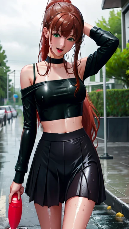 SoakingWetClothes, Masterpiece, highest quality, monika, green eyes, brown hair, very long hair, ponytail, hair ribbon, casual clothes, dark purple crop top, off shoulder shirt, fishnet sleeves, skirt over leggings, soaking wet clothes, wet hair, wet body, wetlook, soaked, pouring rain, outside, running down the sidewalk, dripping wet, soaked clothes, wet clothes, wet fabric, soaking wet, small breasts, looking at camera, tongue out, mouth open, V sign