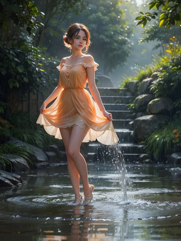 A beautiful young woman in a pastel orange chiffon dress dances in the fairytale rain., High quality paintings that are realistic yet artistic., cgsociety competition winner, Wet shirt effect, rain effect, Water Effects. splashing water, beautiful light elements, beautiful corner, Smooth Movement, Winning Photos, cute picture, Powerful photos, backlit