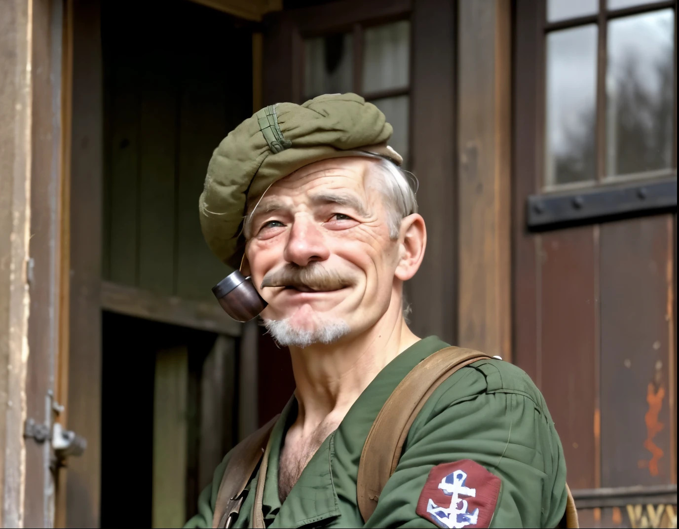 a color photo of a man with a pipe in his mouth, ww 2 historical photography, ww2 historical photography, norwegian man, smug expression, ww2 photo, taken on a ww2 camera, taken on a ww 2 camera, nice face, smiling but has a temper, smug smile, an oldman, smug look, popeye, smug appearance