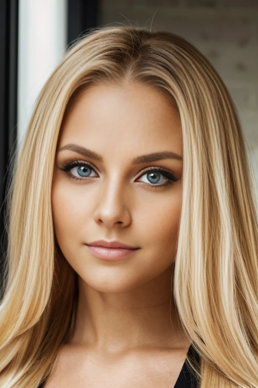 a woman with blonde hair and a black top is posing for a picture, long blonde hair and large eyes, blonde hair and large eyes, headshot profile picture, brunette with dyed blonde hair, professional picture, long wavy blonde hair, kailee mandel, close up of a blonde woman, inspired by Gina Pellón, long blonde hair and big eyes, big