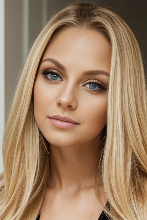 a woman with blonde hair and a black top is posing for a picture, long blonde hair and large eyes, blonde hair and large eyes, headshot profile picture, brunette with dyed blonde hair, professional picture, long wavy blonde hair, kailee mandel, close up of a blonde woman, inspired by Gina Pellón, long blonde hair and big eyes, big 